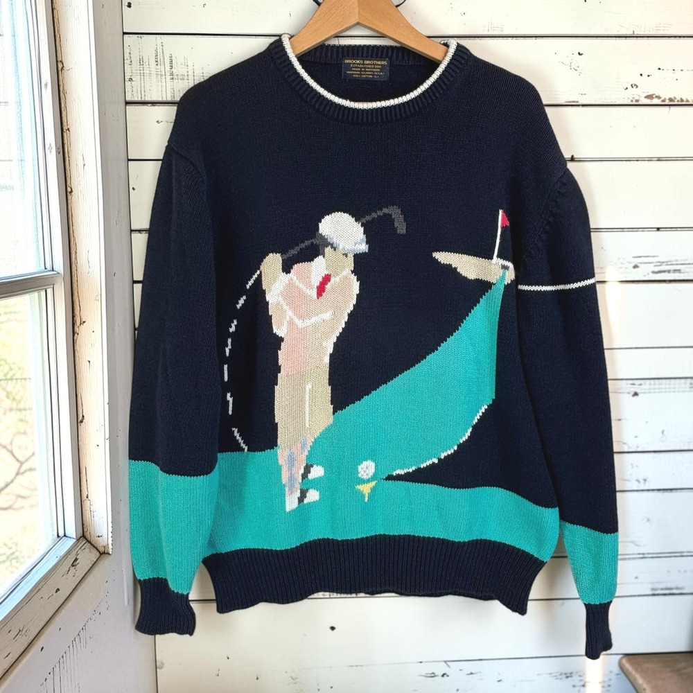 Vintage Sweater Brooks Brothers L Navy 100% Cotton Intarsia Golf Novelty Preppy